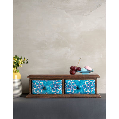 Decorative Wooden Cabinet with 2 Ceramic Drawers - Blue