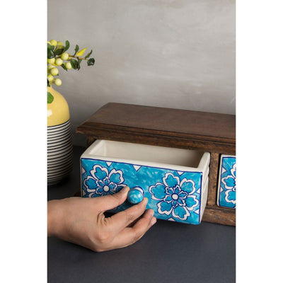 Decorative Wooden Cabinet with 2 Ceramic Drawers - Blue