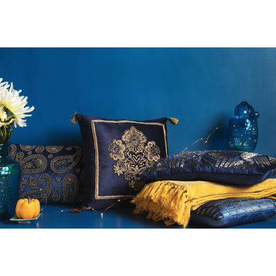Royal Blue Duck Cushion with Leaf Embellishment(Including Filler)